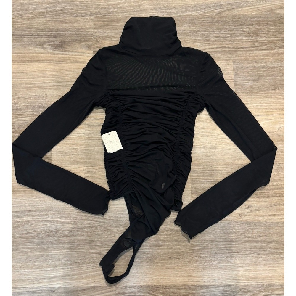 Free People Black Long Sleeve Turtleneck Ruched Bodysuit